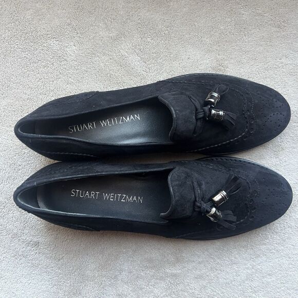 Stuart Weitzman Guything Black Suede Tassel Flat Loafer Shoes Women 7.5 Preppy - Picture 6 of 15